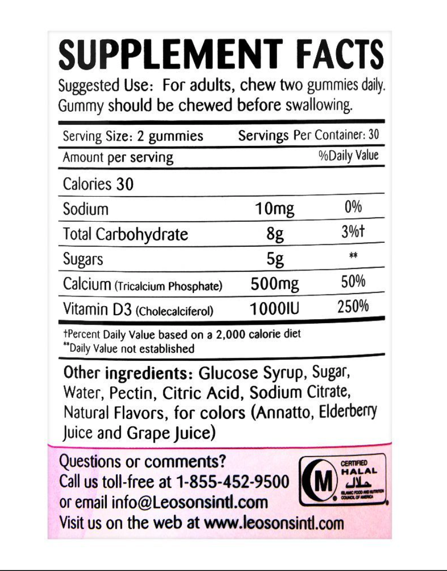 Calcium (500mg) + Vitamin D3 (1000 IU) - 60 ADULT GUMMIES