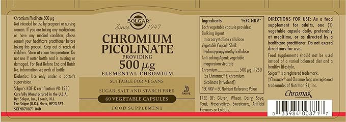 CHROMIUM PICOLINATE 500 MCG - 60 VEGETABLE CAPSULES