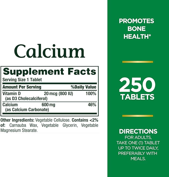 Calcium 600mg + Vitamin D3 20mcg (800 IU) - 250 Tablets