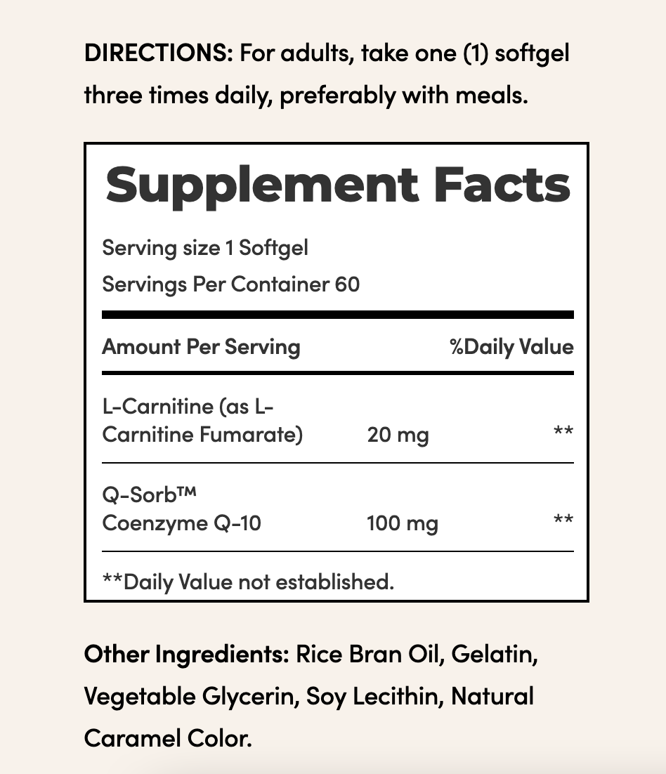 Co-Q10 100 مجم بالإضافة إلى L-Carnitine 20 مجم - 60 كبسولة هلامية