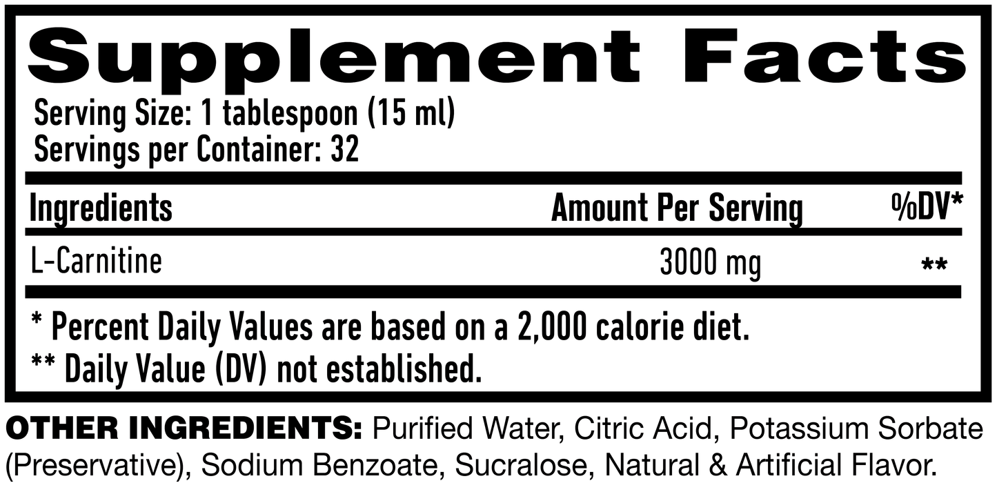 L-Carnitine 3000 Liquid - Maximum Strenght - 2X CONCENTRATION (4 Flavors) - 480ml (32 servings)