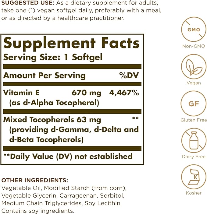 VITAMIN E 670 MG (1000 IU)  (D-ALPHA TOCOPHEROL & MIXED TOCOPHEROLS) - 100 VEGAN SOFTGELS